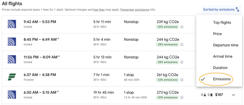 A list of flights with a dropdown box for sorting with emissions checked.